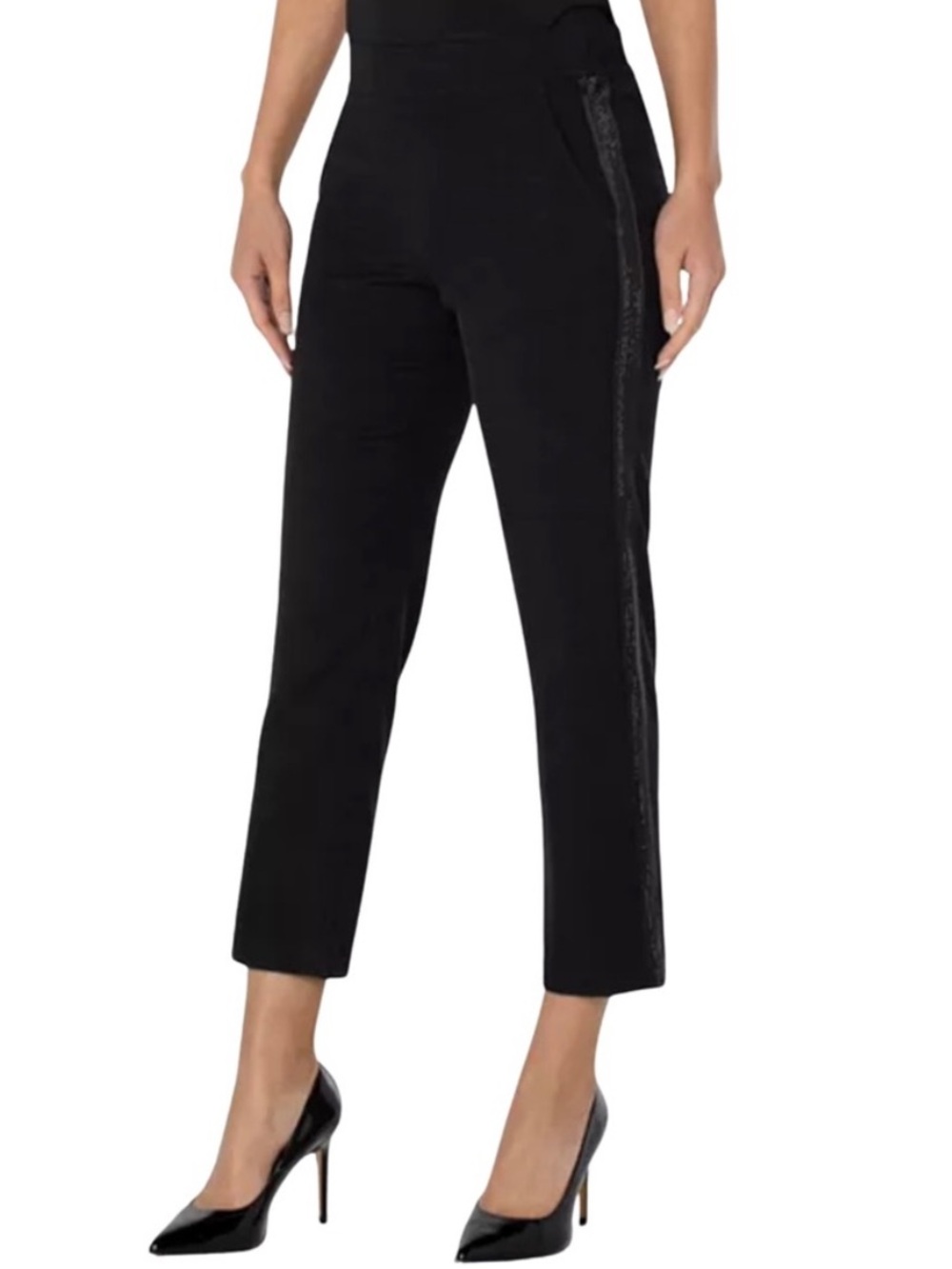NWT Liverpool Ankle Pants Size 2/26 Black Slone Pull-On Trousers Rhinestone Trim